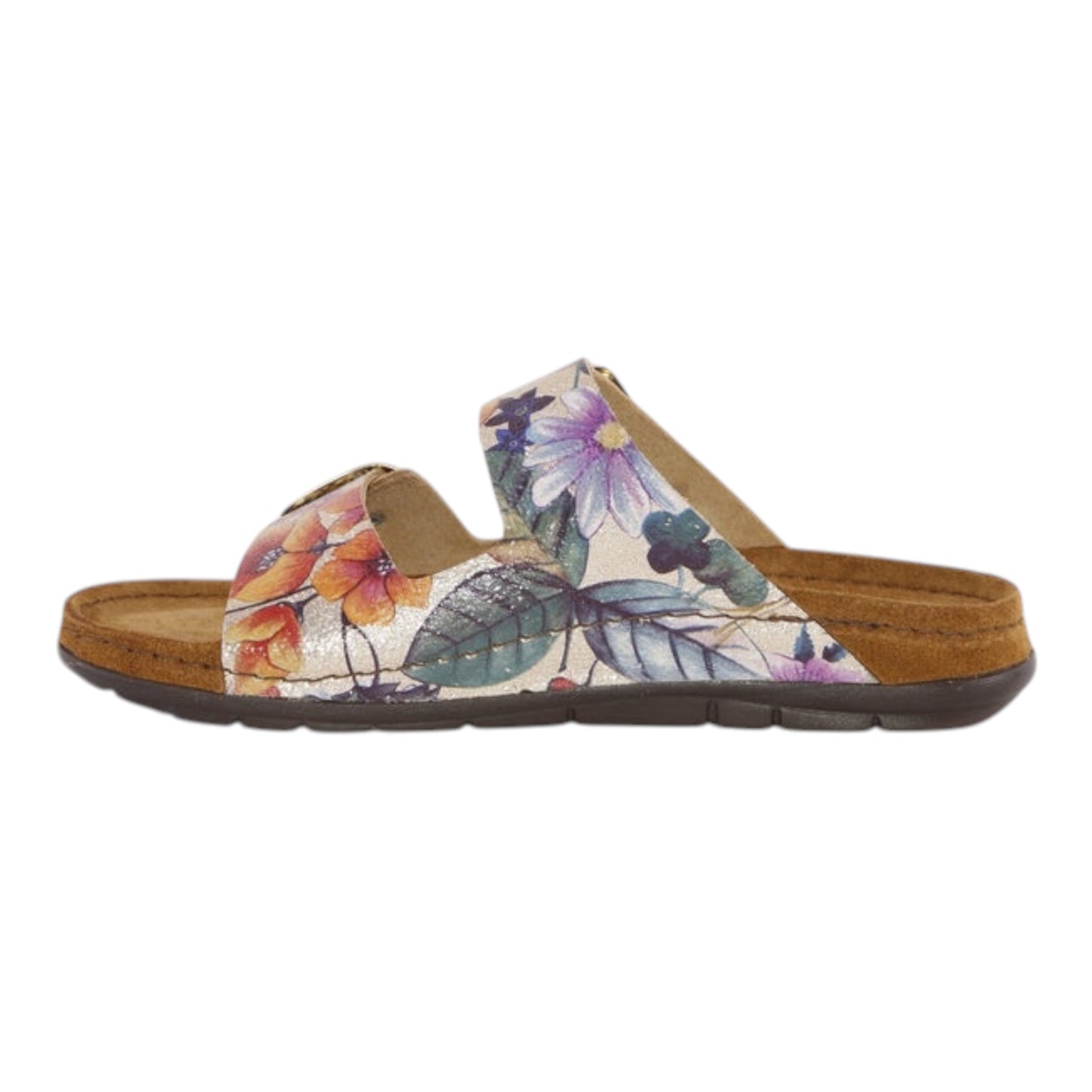 Rohde gold and multi coloured  floral pattern leather mules