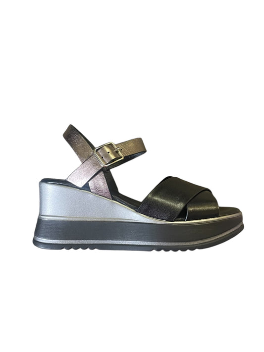 Repo black , bronze and silver platform wedge sandals