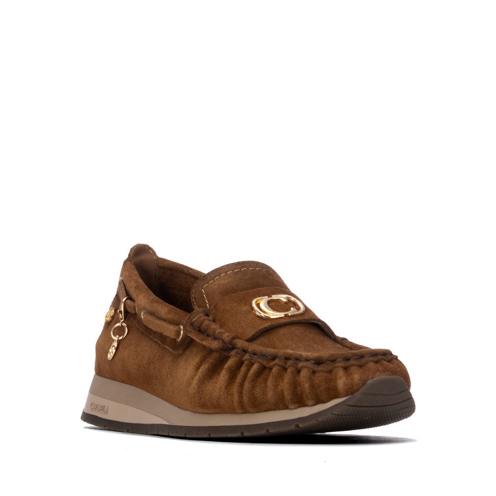 Carmela tan suede moccasins with wedge