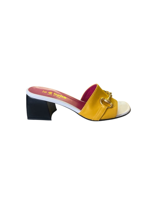 Le babe yellow leather heeled mules