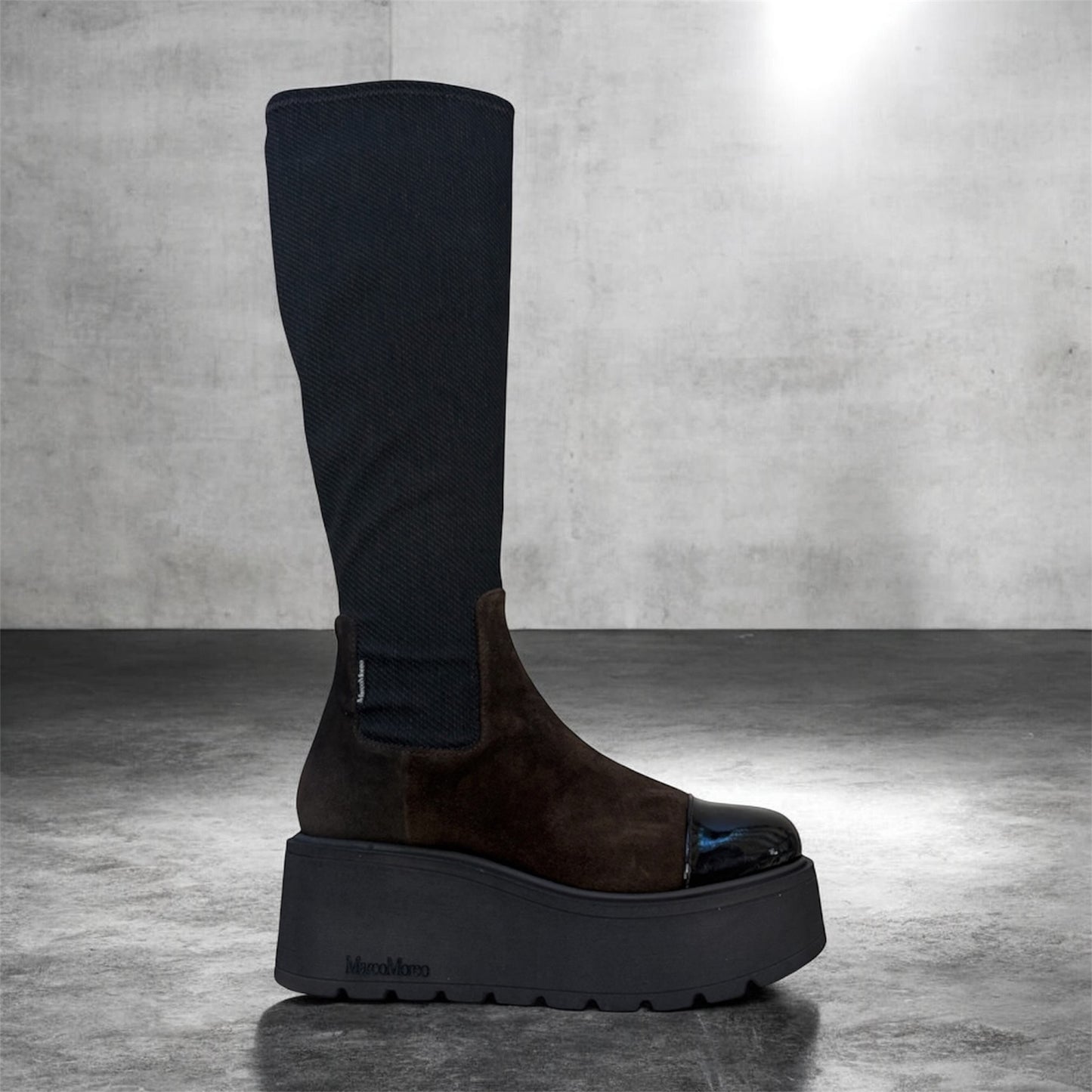 MarcoMoreo Brown suede platform knee high wedge boots