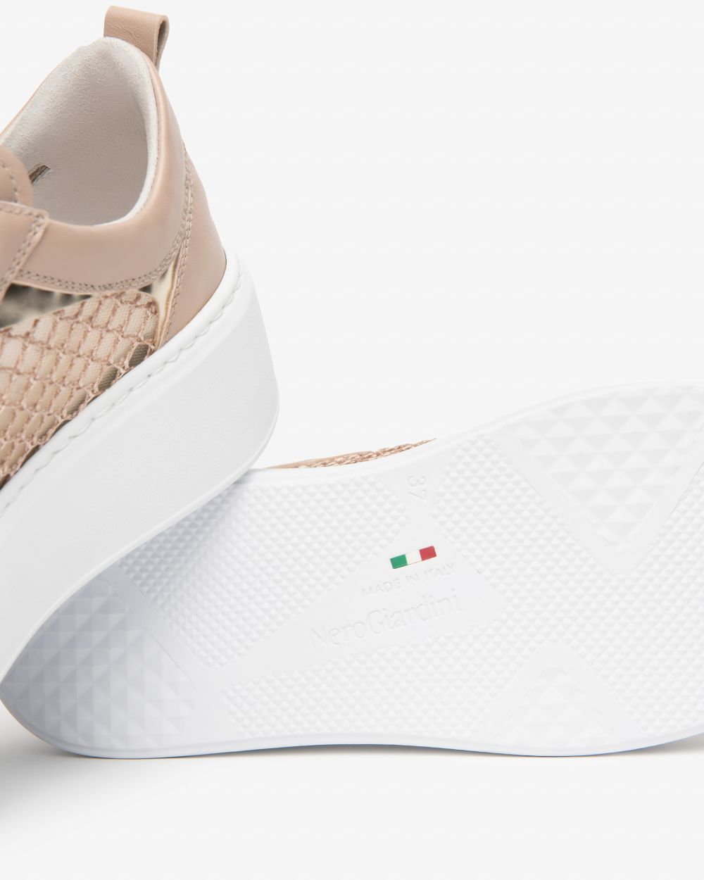 NeroGiardini beige and gold leather and canvas platform  sneakers - Melissakshoes