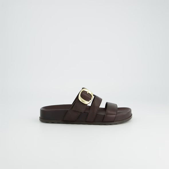 Paul green brown leather  strapped slide sandals with gold detailing - Melissakshoes