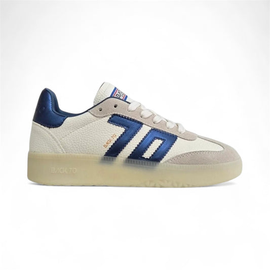 Back 70 white and metallic blue leather and suede platform sneakers