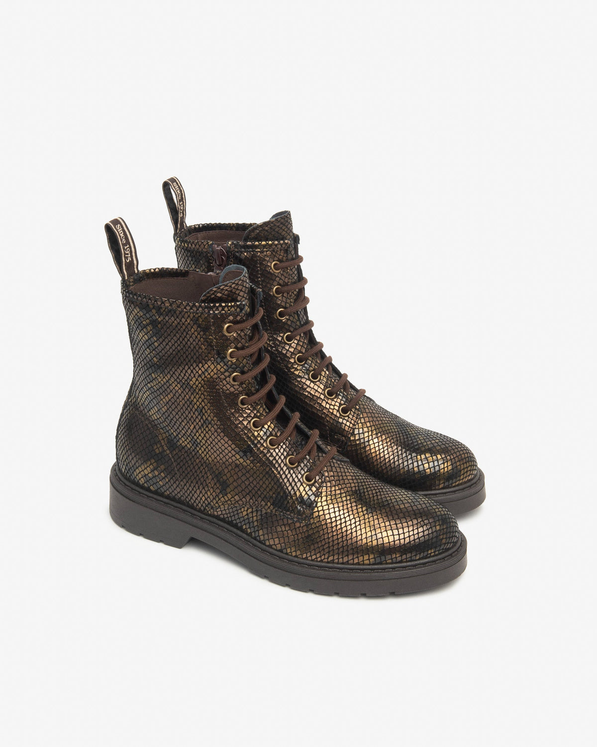 NeroGiardini bronze leather snakeskin effect combat boots