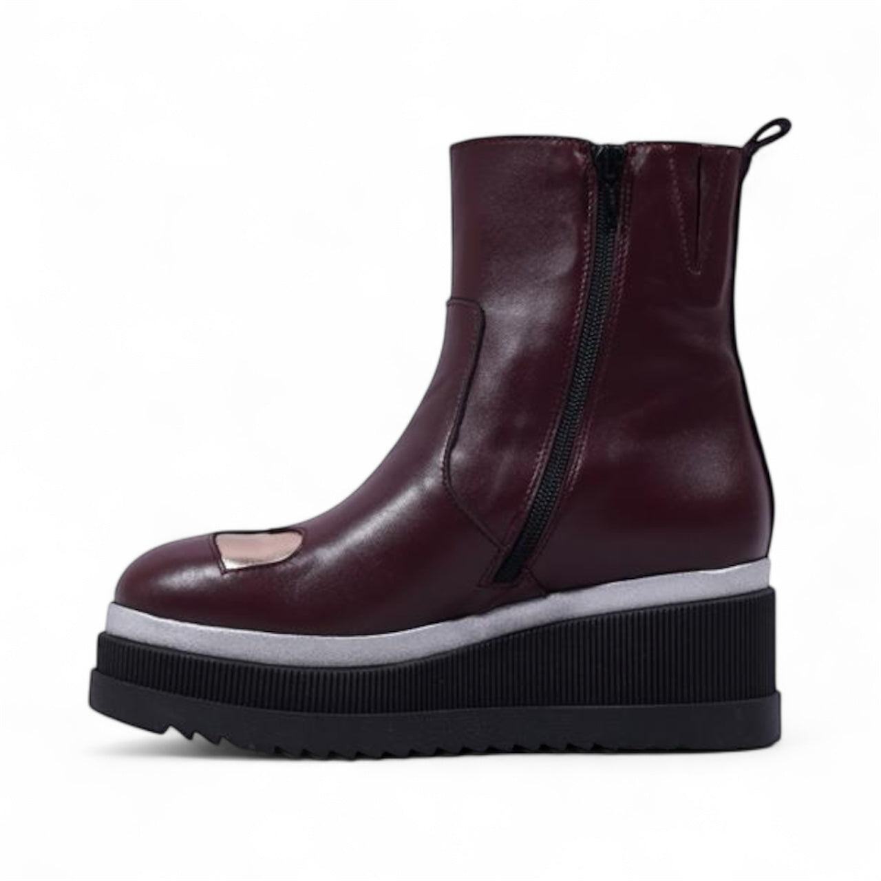 Marco Moreo burgundy leather heart wedge platform ankle boot