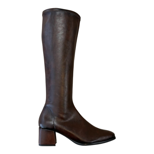 Miss Elastic dark chocolate brown leather effect stretch knee high boots M17