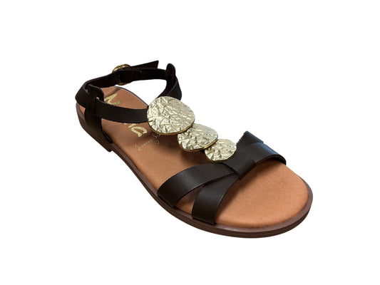 Marila brown leather strap sandal with gold plate detailing