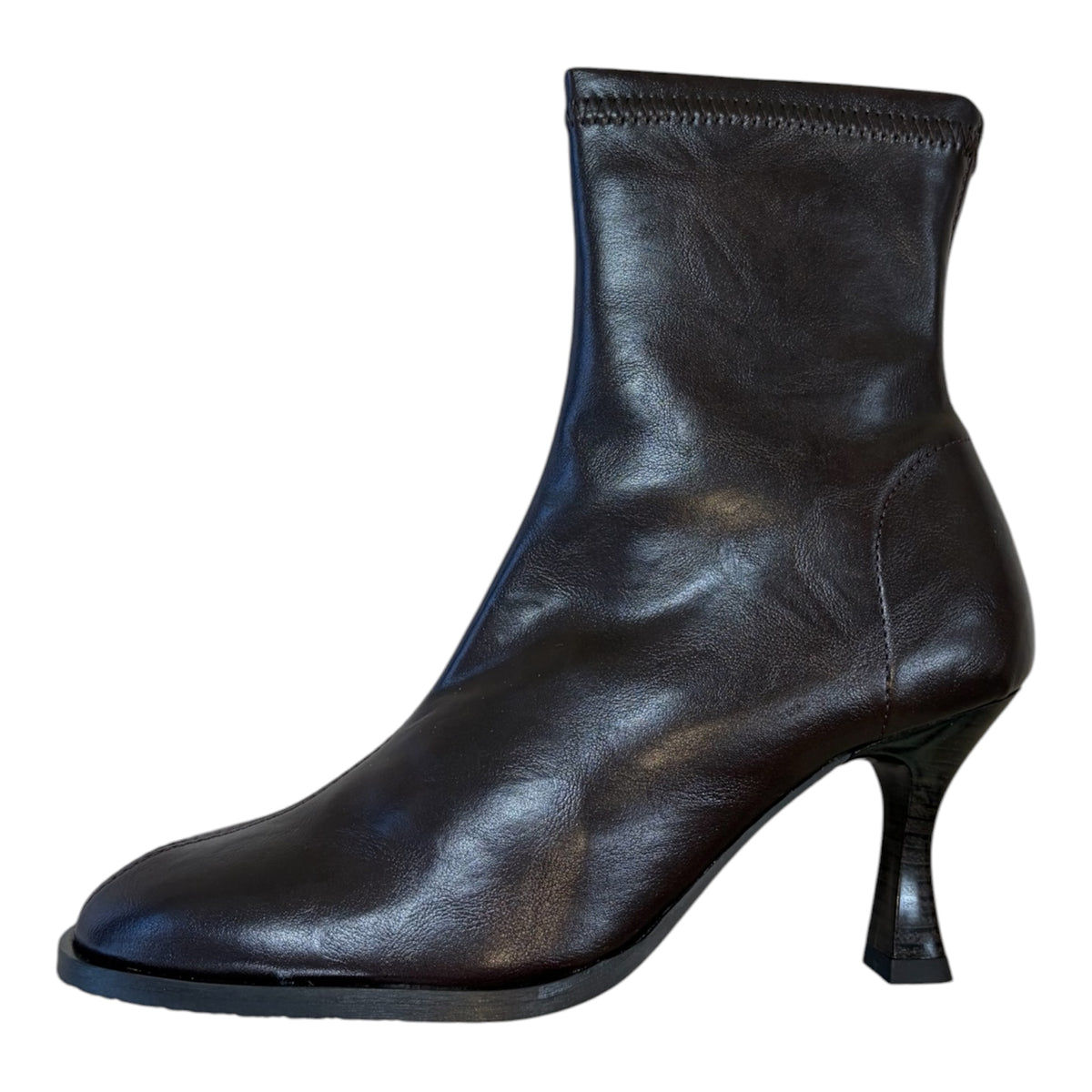 Miss Elastic chocolate brown faux leather sock boots M6
