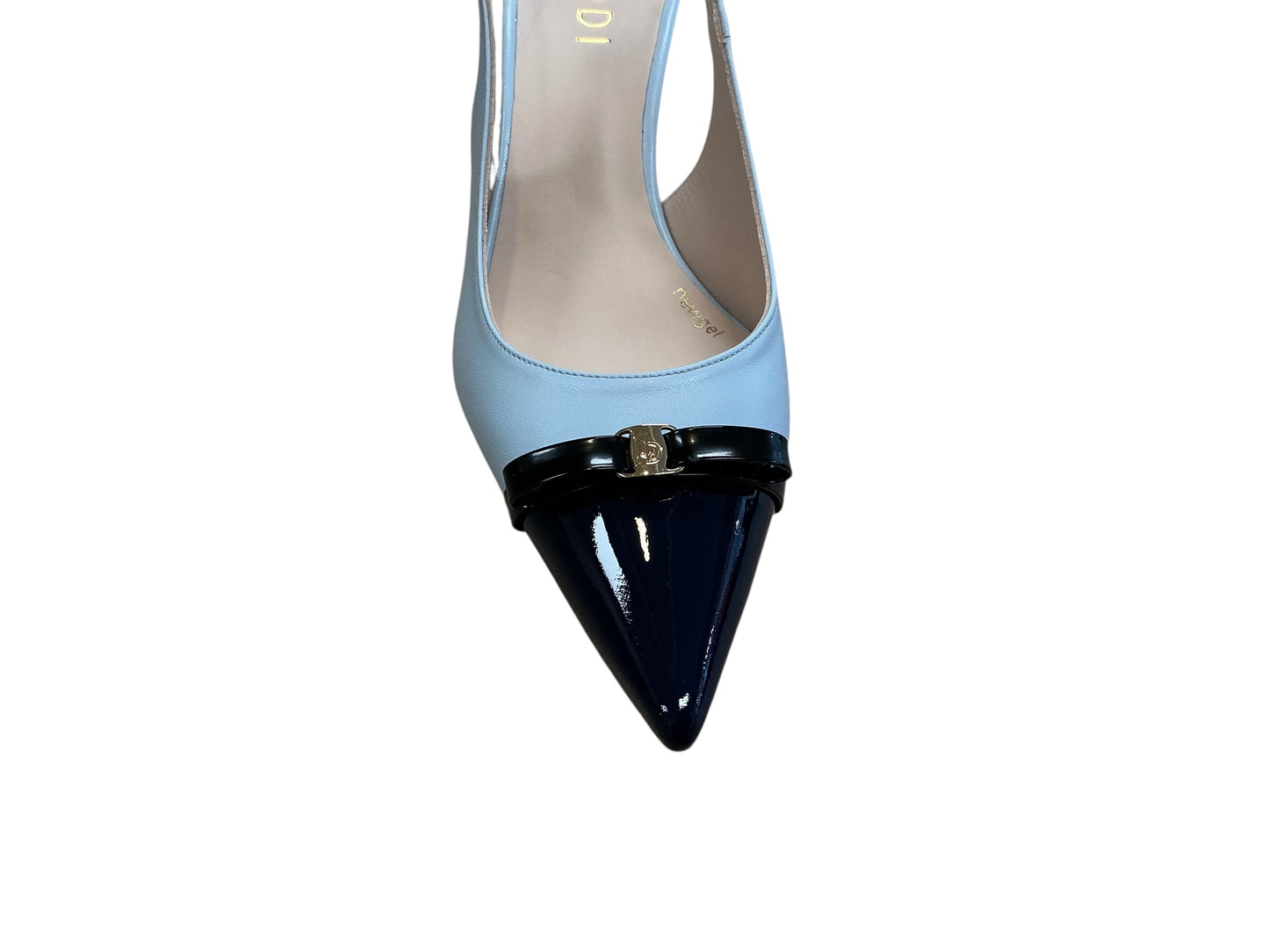 Lodi blue leather and navy patent toe slingback heel - Melissakshoes
