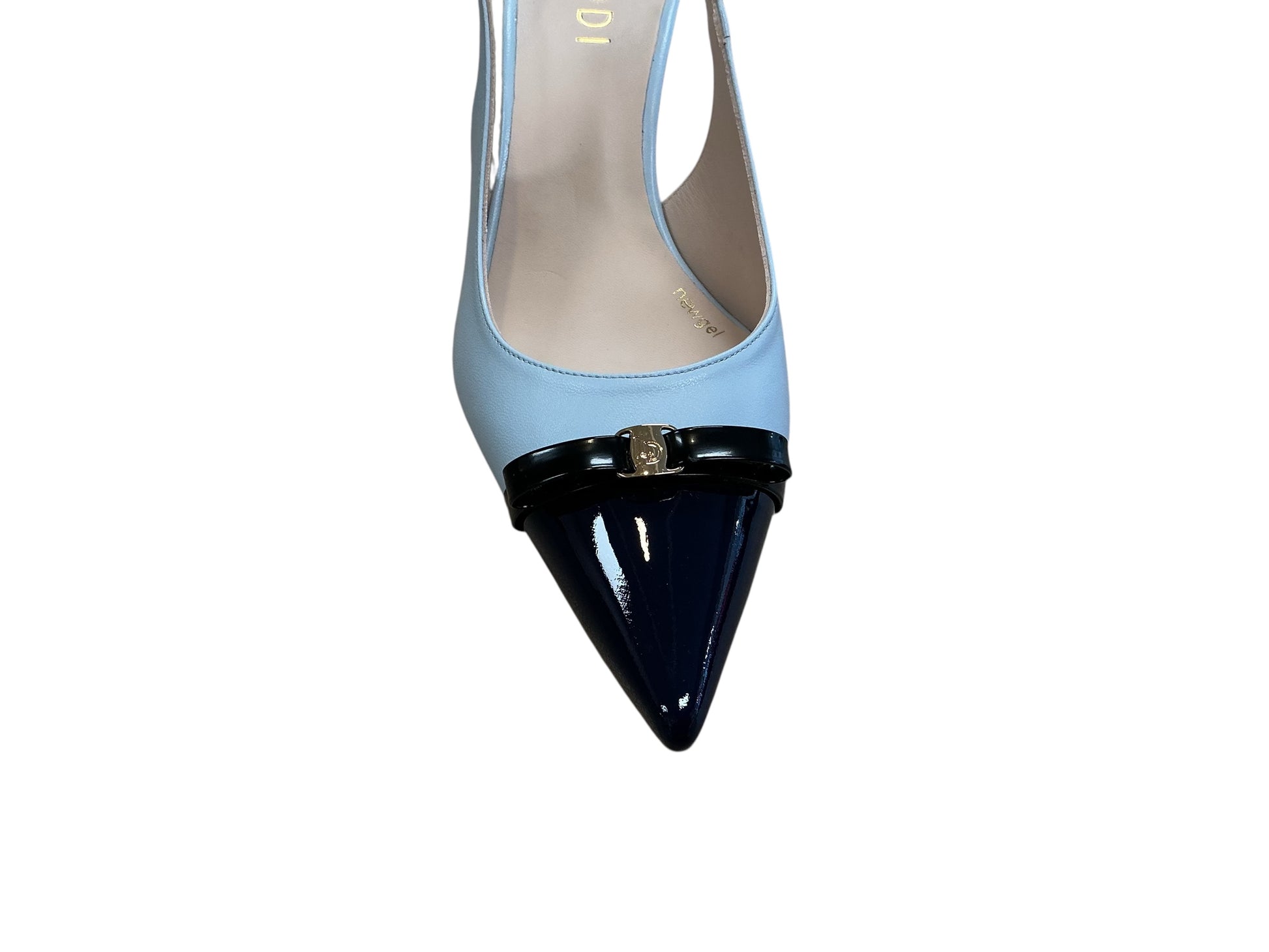 Lodi blue leather and navy patent toe slingback heel - Melissakshoes