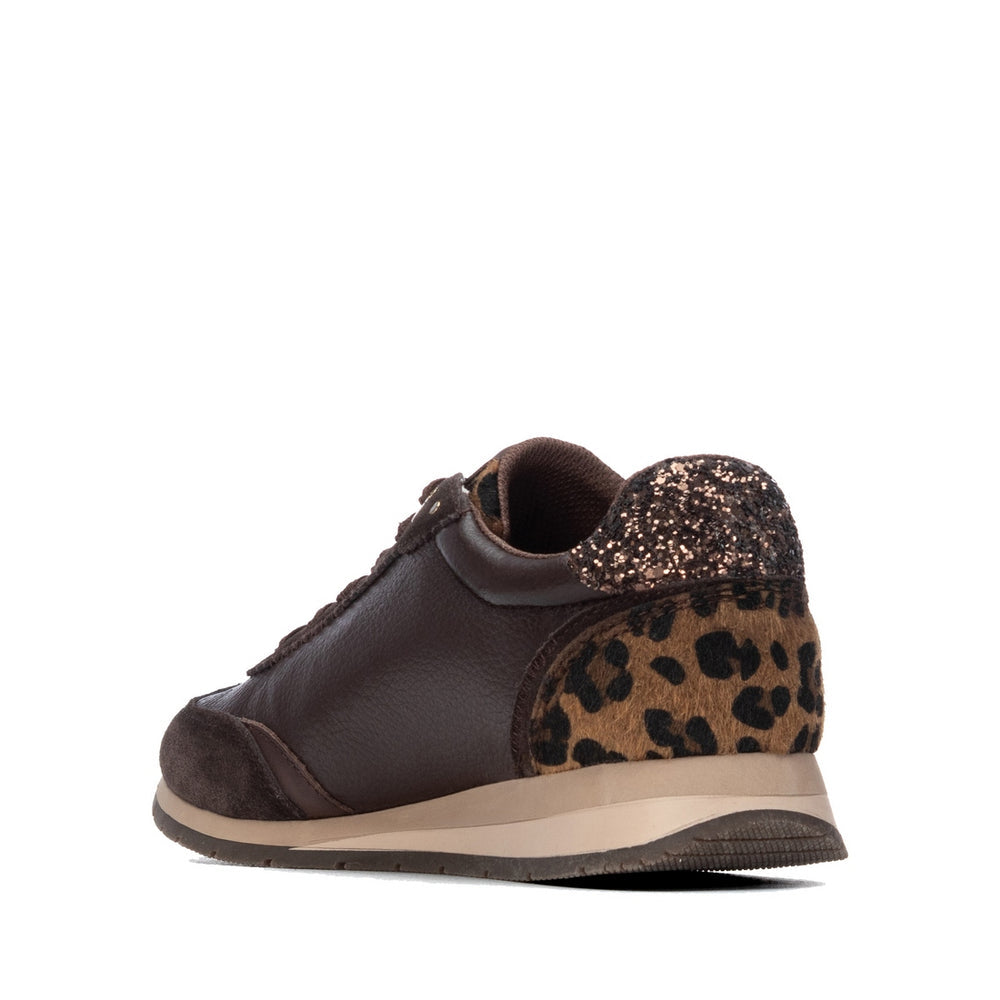 Carmela brown leather sneakers with leopard print and metallic sparkle detail