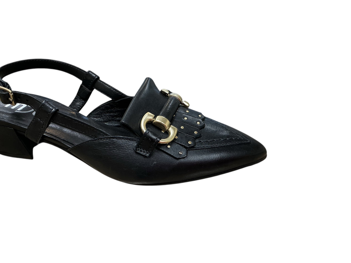 MJUS black leather slingback with fringing and snaffle detail