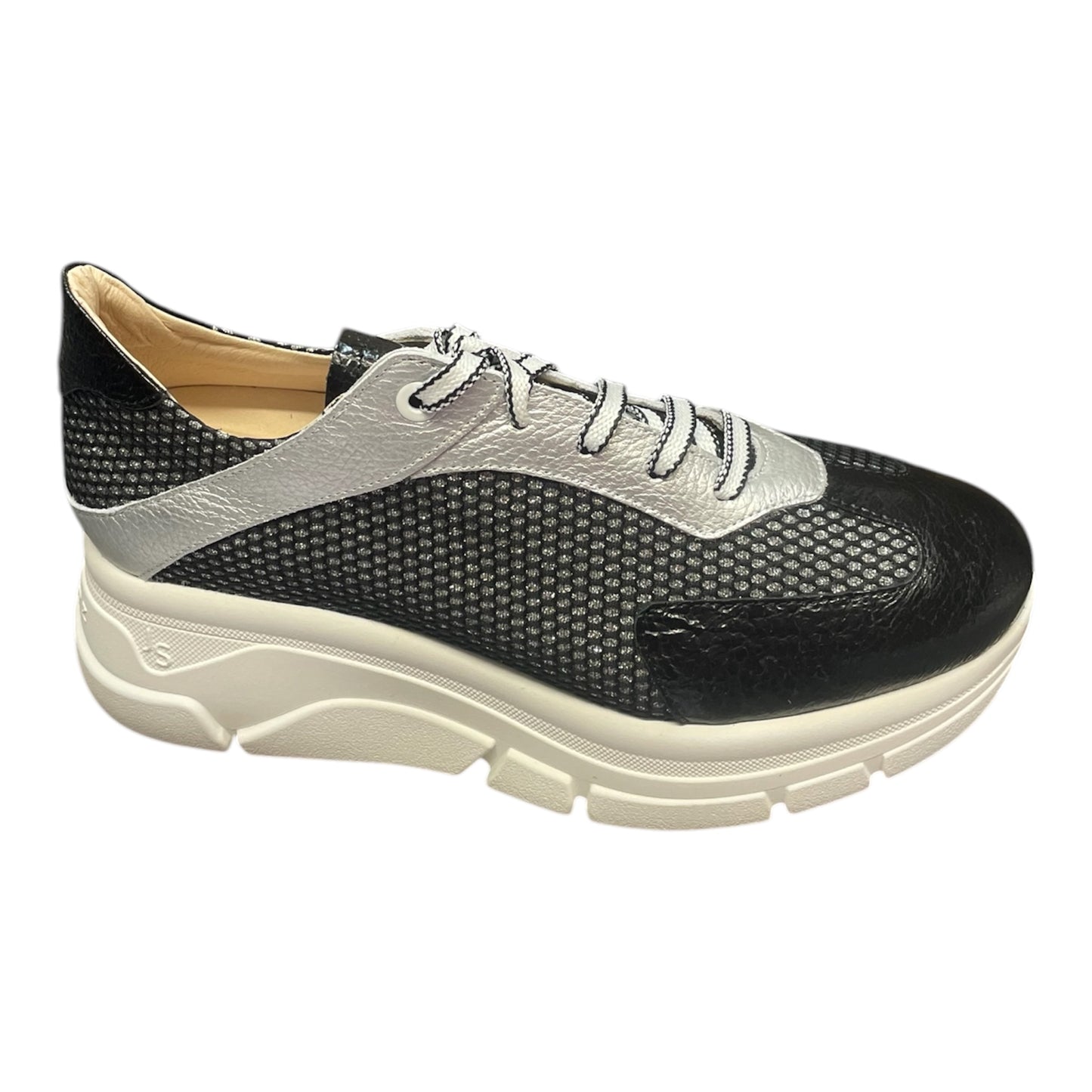 Jose Saenz black and silver leather and mesh platform wedge sneakers