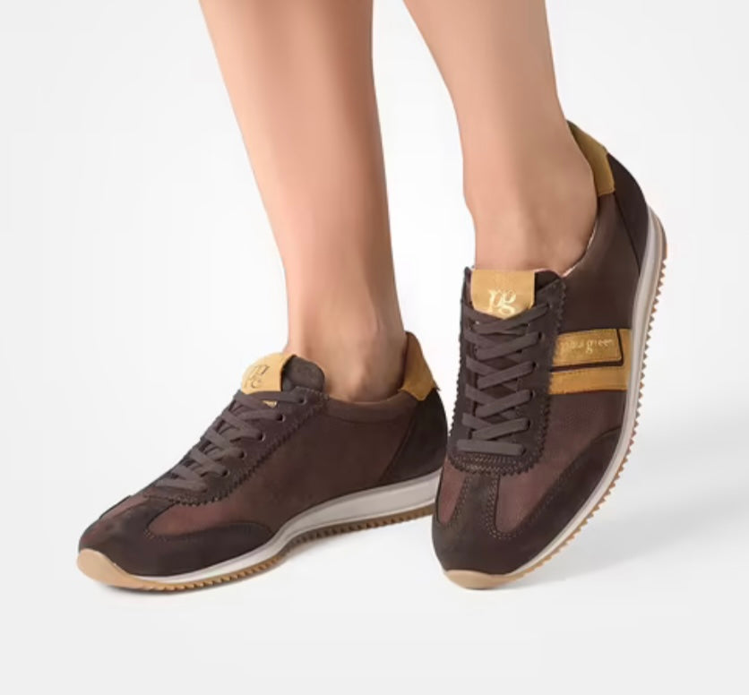 Paul Green chocolate brown/tan  suede and nubuck slip on retro sneaker