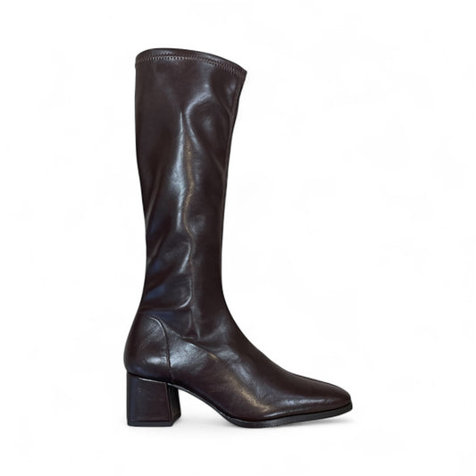 Miss Elastic chocolate brown patent vegan leather stretch knee high boots