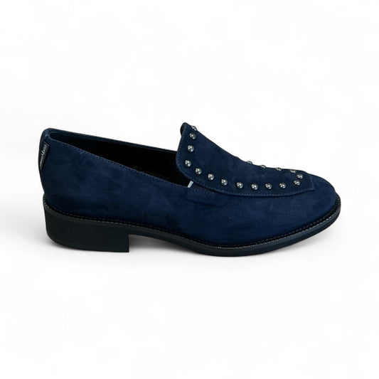 Marco Moreo navy suede loafer with studded detail