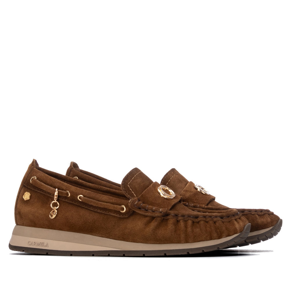 Carmela tan suede moccasins with wedge