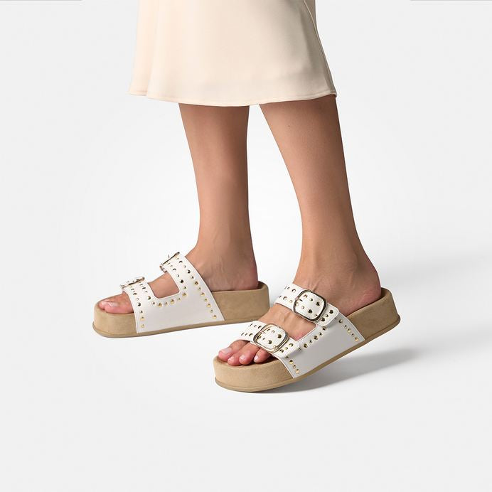 Paul Green white leather mules with gold studded detail - Melissakshoes