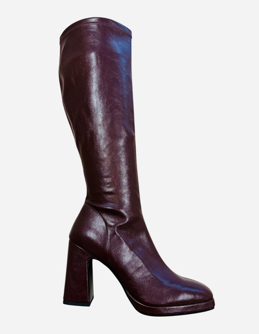 Lodi burgandy knee high stretch leather platform boots