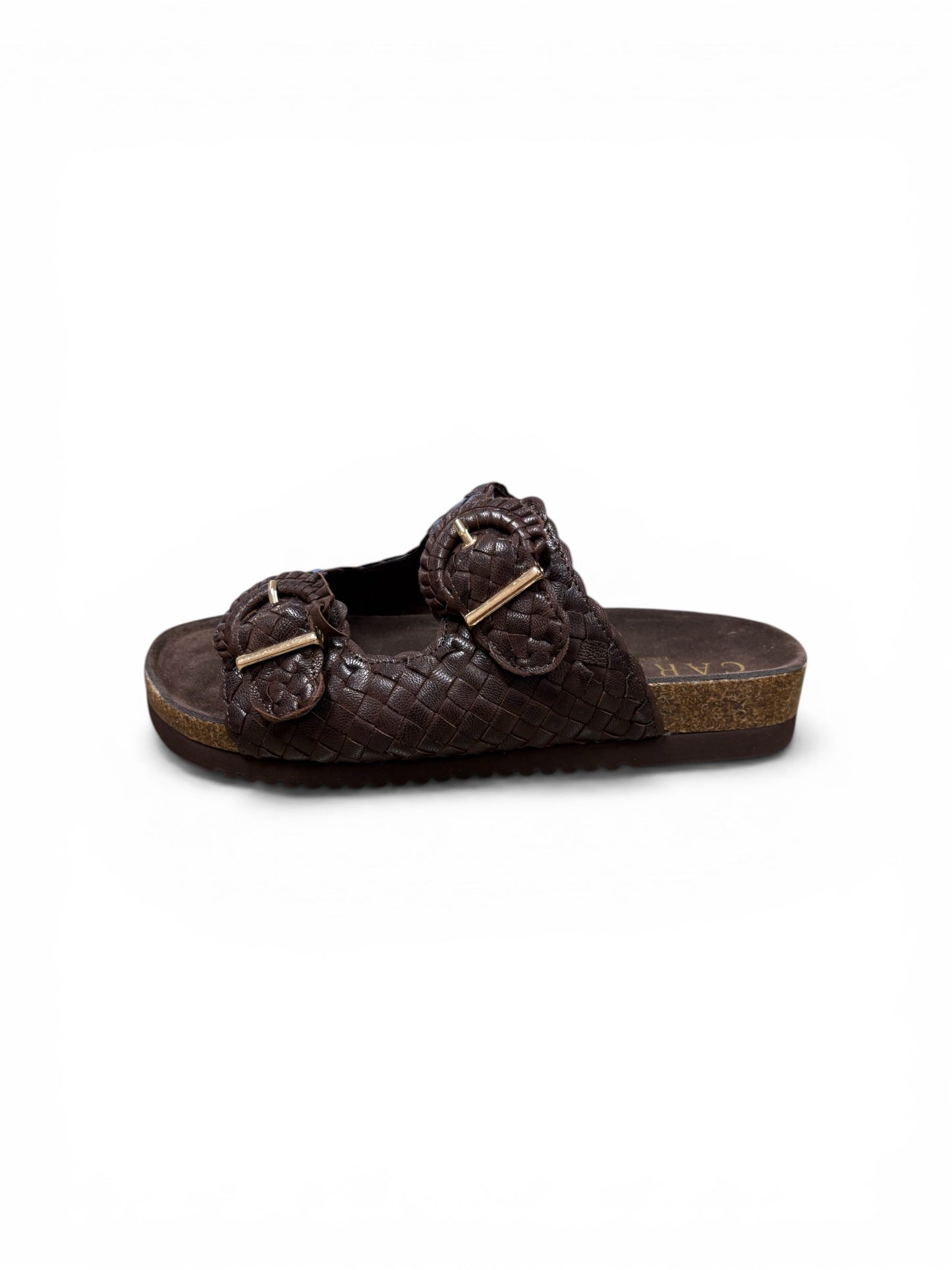 Carmela chocolate brown plaited mules