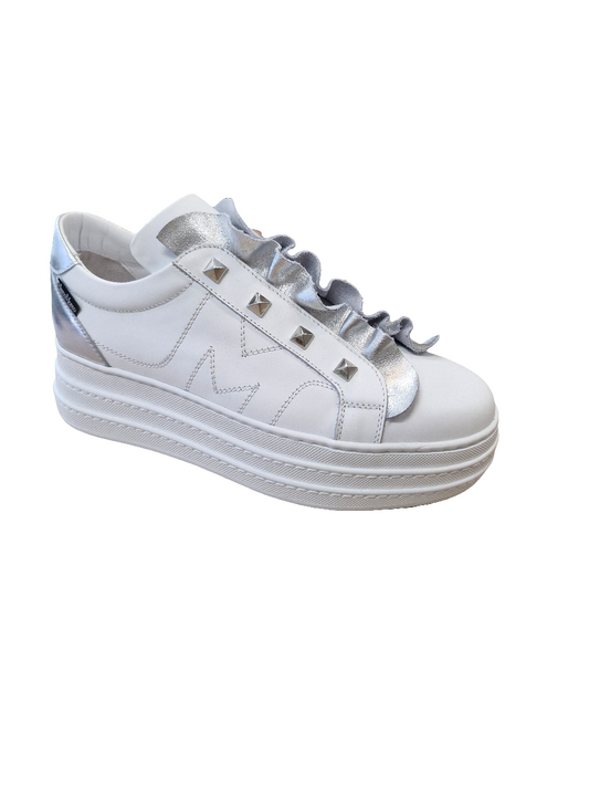 Marco Moreo white chunky slip on platform sneaker with silver stud & frill detail