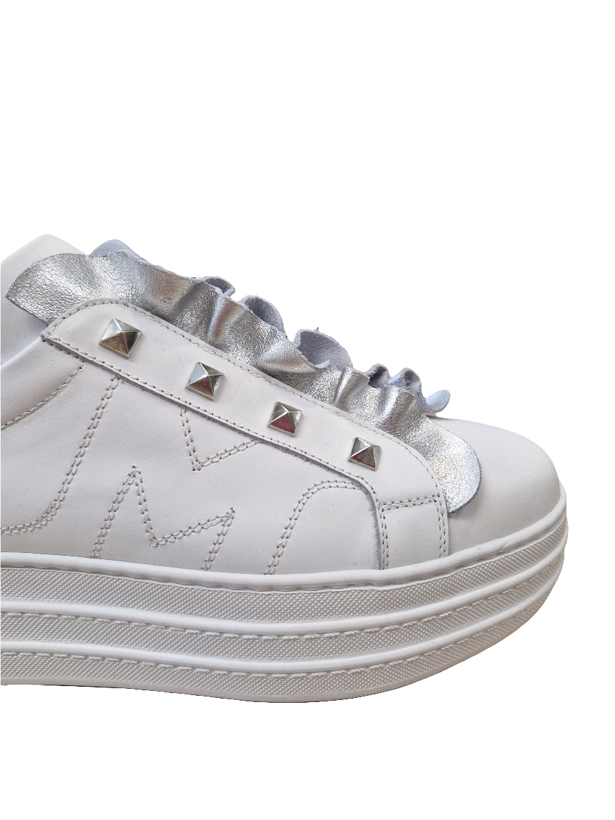 Marco Moreo white chunky slip on platform sneaker with silver stud & frill detail