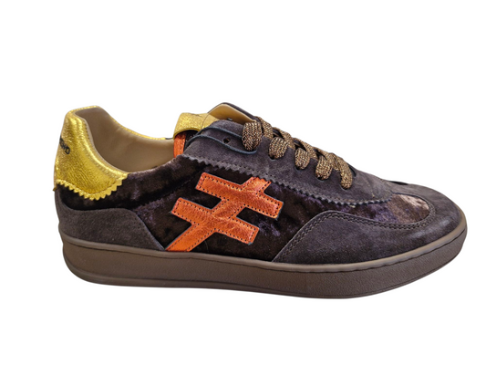 Another Trend brown suede & velvet trainer with orange & yellow gold detail