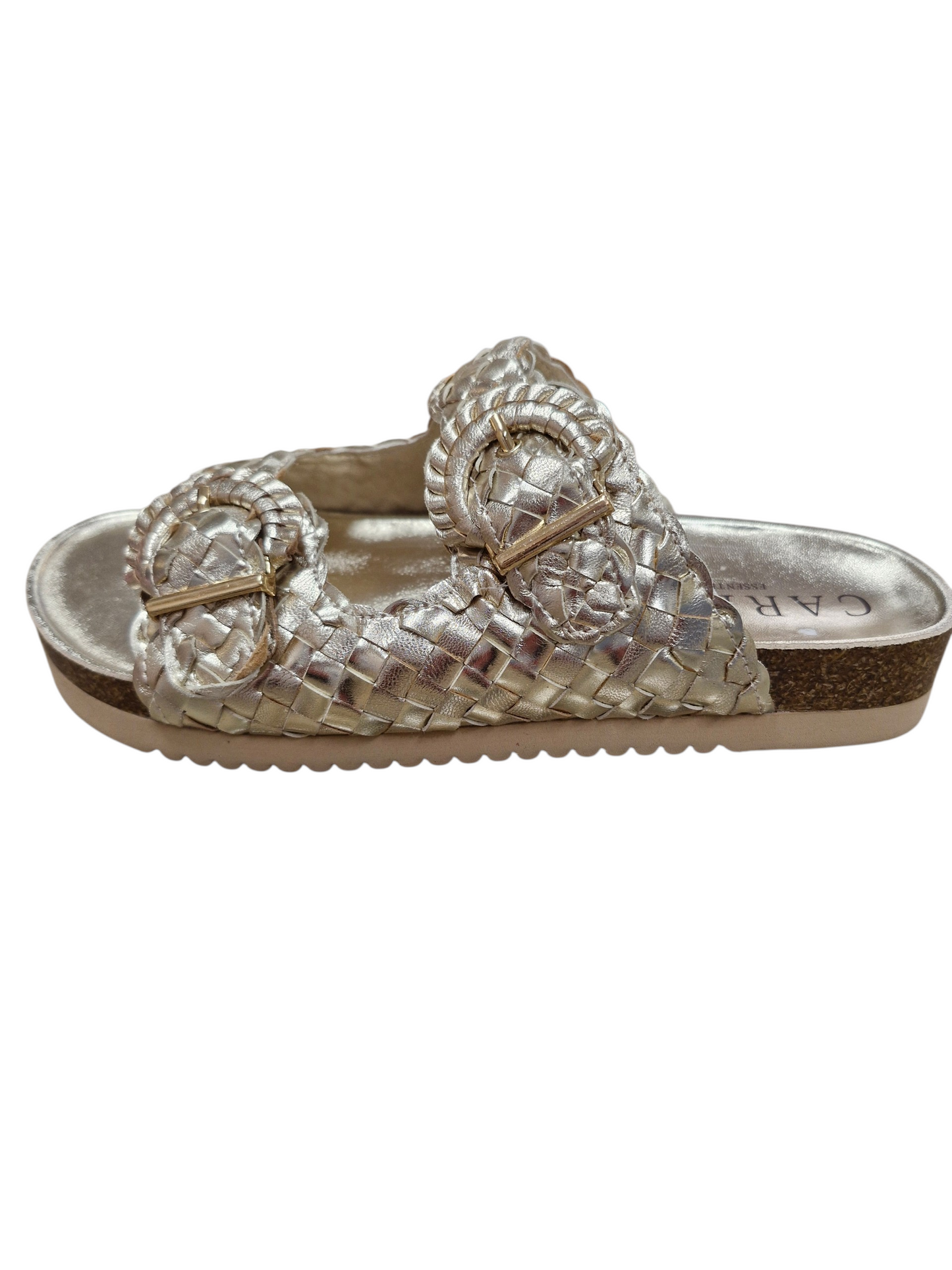 Carmela gold woven sandals with buckle detail