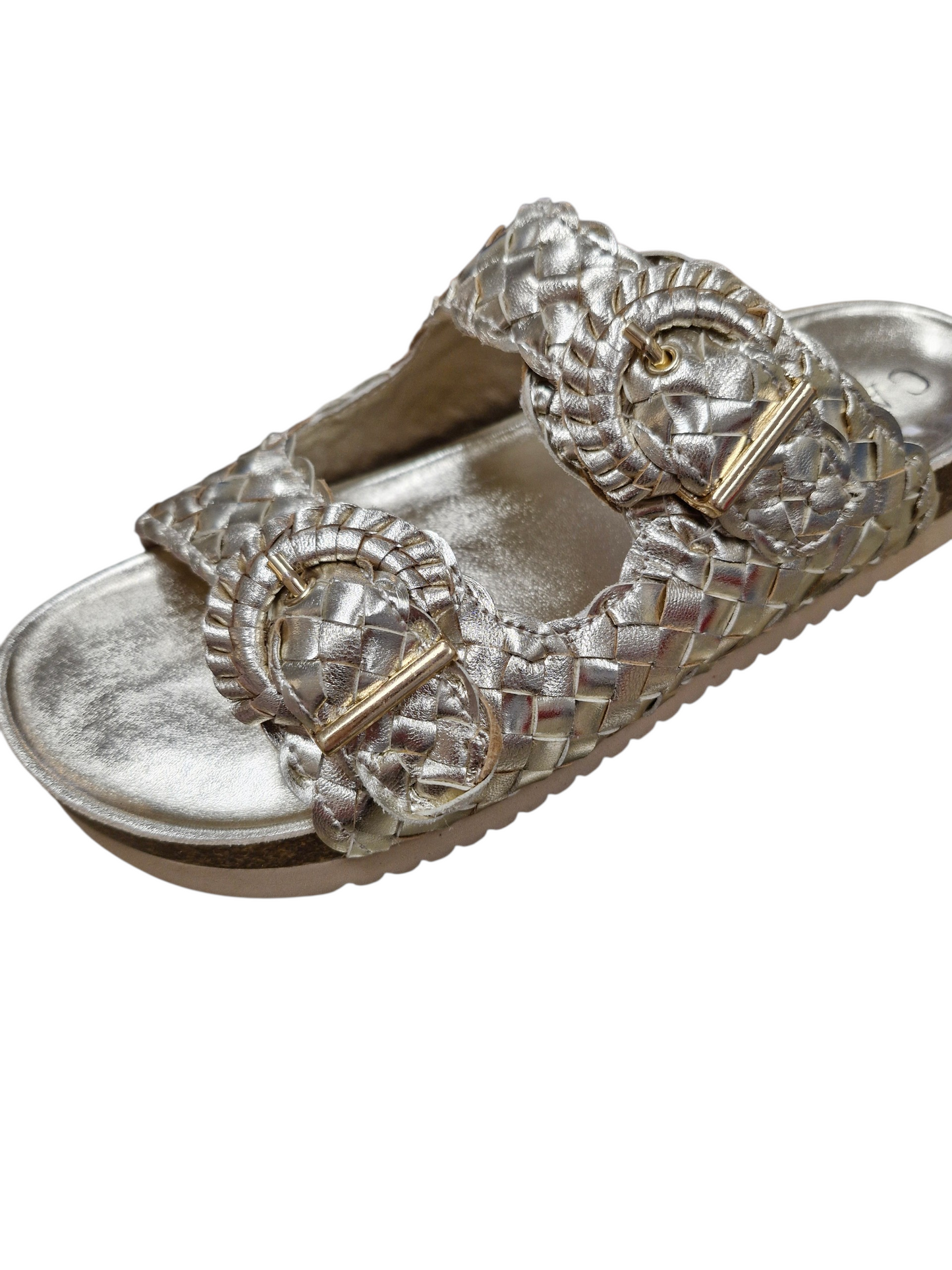 Carmela gold woven sandals with buckle detail