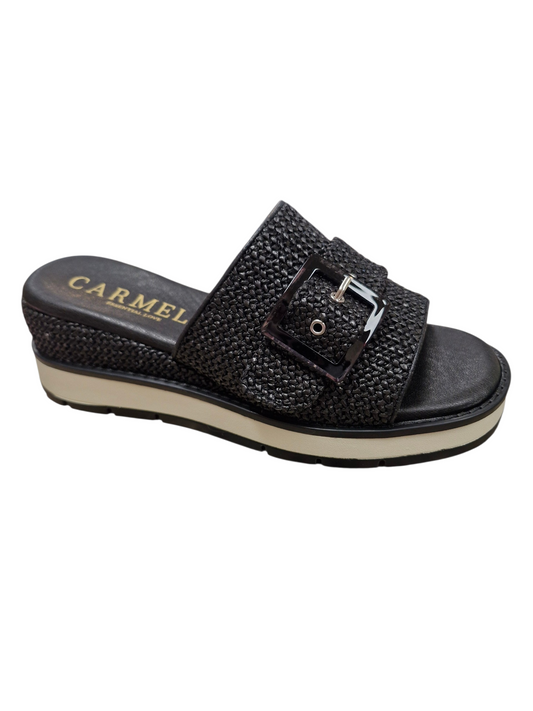 Carmela black raffia wedge sandal with buckle detail