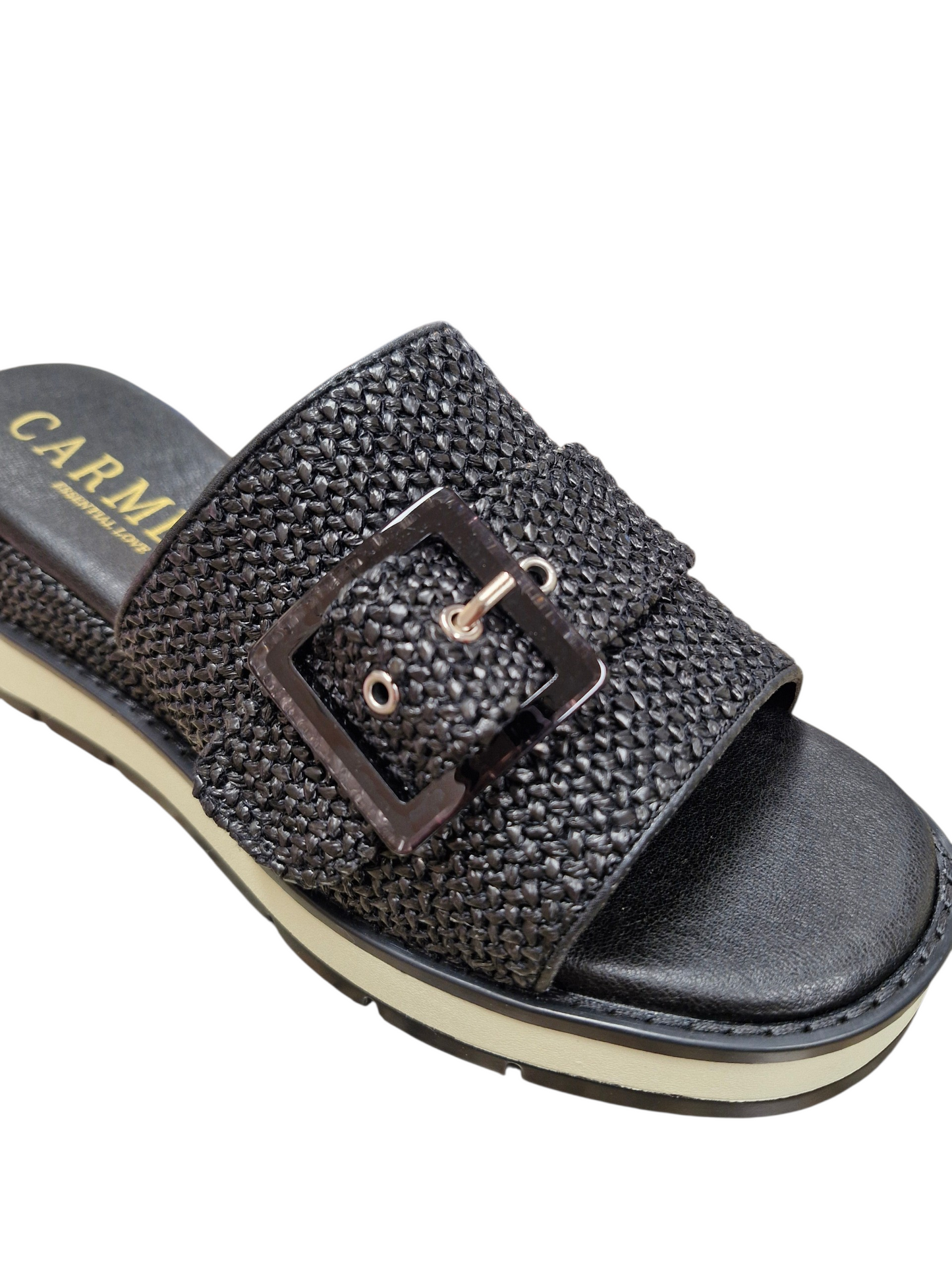 Carmela black raffia wedge sandal with buckle detail