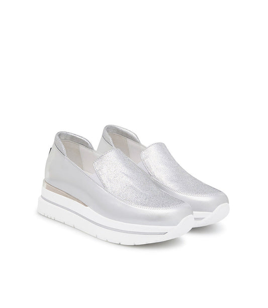 Marco Moreo metallic silver wedge platform loafer