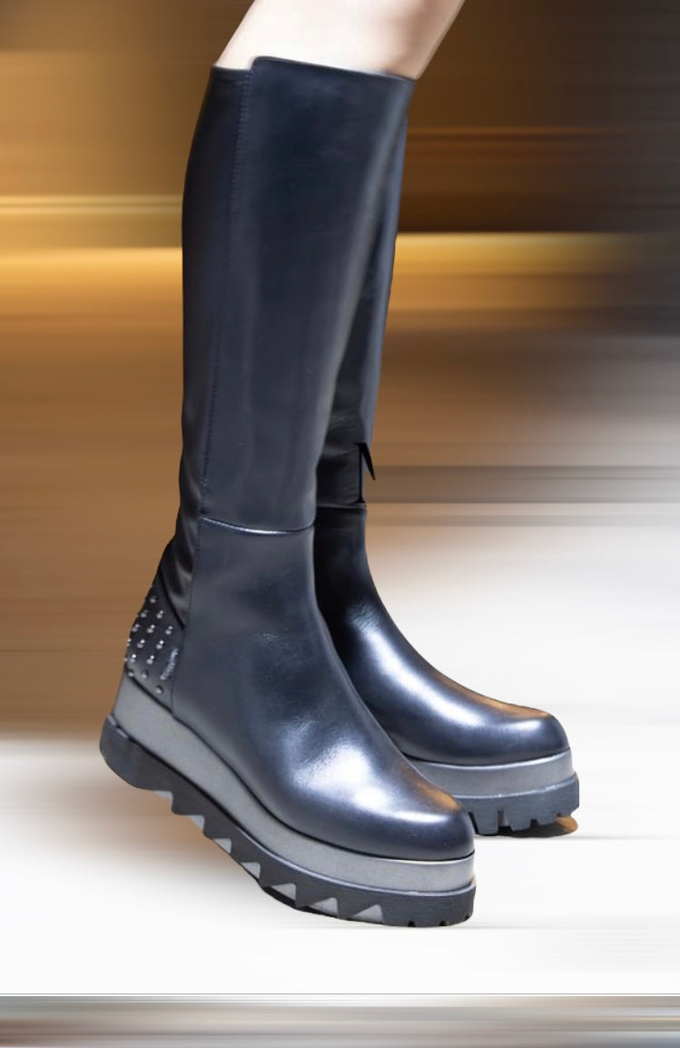 MarcoMoreo black leather platform knee high boot - Melissakshoes