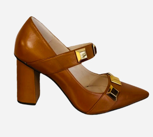 Lodi tan leather block heeled shoe - Melissakshoes